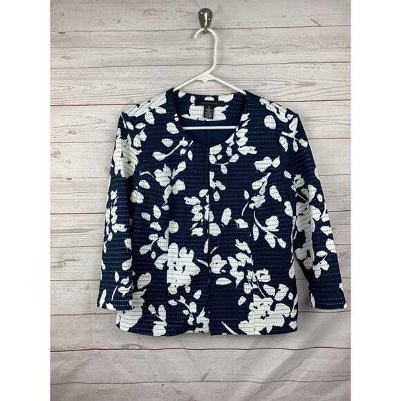 89th & Madison‎ Jacket Women's Medium Navy/white Floral 3/4 Sleeve Blazer - Picture 1 of 4